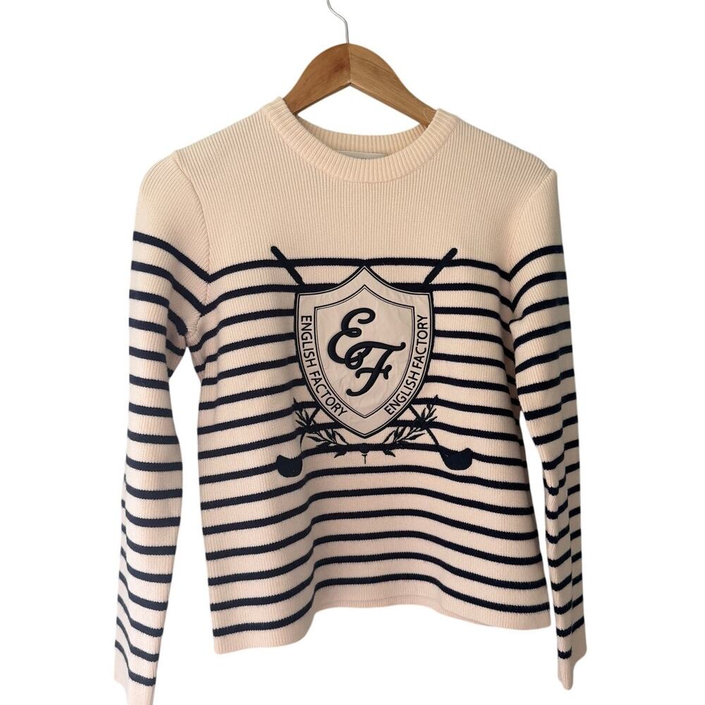 English Factory Golf Crest Sweater Cream Navy Striped Preppy Golfcore Small